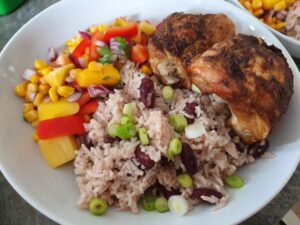Jerk(ish) chicken with rice and pea and mango salsa