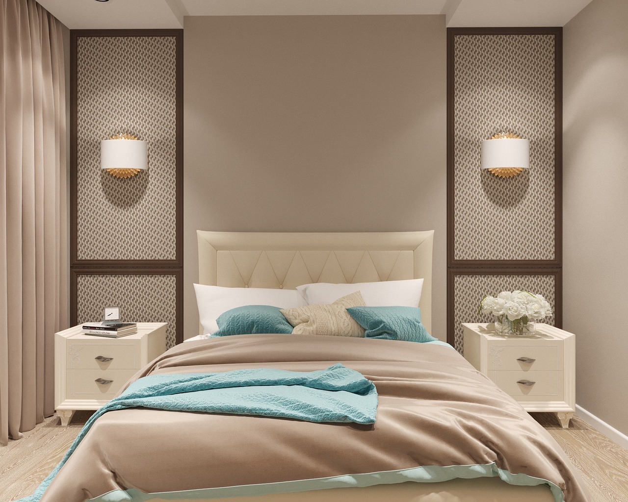 beige and blue bedroom with soft lighting